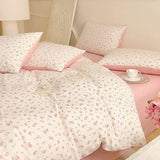 SHOPMOCHO Fashion Floral Duvet Cover Set with Flat Sheet Pillowcase No Filler Girls Twin Full Queen Size Korean Soft Bedding Set