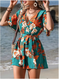Shopmocho Printed V-neck Short Sleeve Jumpsuit Women Loose High Waisted Jumpsuit Beach Vacation Comfortable Summer Clothes