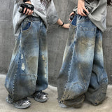 SHOPMOCHOAmerican Tween Girl High Fashion Distressed Wide Leg Banana Jeans for Child Luxury Denim Pants Kids Dirty Washed Jeans Trousers