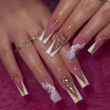 Shopmocho 24pcs Rhinestones Full Cover Nail Art Datachable Glitter French Press on Nails Tip Flower Long Square Fake Nail Pink False Nails