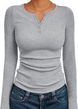 SHOPMOCHO Fashionable Women's Long Sleeve Slim Fit Autumn 2025 Henry Collar T-Shirt Ribbed Basic Style Top for Ladies