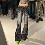 SHOPMOCHO Women's Jeans  New American Retro Street Style Plant Print Washed Vintage Low-Rise Flare Pants Trendy Versatile