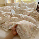 SHOPMOCHO Washed Cotton Duvet Cover Sets Single/Queen/king Flower Printed Bedding Set Princess Style e housse de couette 220x240 with Lace