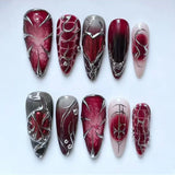 SHOPMOCHO 24Pcs Black Y2k Long False Nails with Almond Head Design Cat's Eye Silver Stripe Pattern Press on Fake Nails Wearable Nail Tips