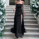 Shopmocho Combhasaki Women Summer Elegant Strapless Sheer Ruffle Hem Patchwork Backless High Split A-line Party Tube Long Dress with Scarf