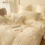 Shopmocho Three-dimensional Embroidery Aesthetic Lace Washed Cotton Quilt Cover Chiffon Soft /Breathable Bed Sheet Bedding Four Piece Set