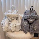 SHOPMOCHO Cute Rabbit Ear Plush Backpack For Women Soft Furry Large Capacity Bag 2025 Autumn Winter Fashion Travel School Daily Use