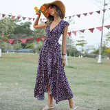 Shopmocho New Style Elegant Long Dress Women's Short-sleeved V-neck Bohemian Strappy Holiday Dress