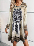 Shopmocho Women’s Long - Sleeve Bohemian Dress, Wolf Print Round neck Dress,Casual Festival & Daily Wear