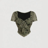 Shopmocho Women Summer Vintage Green Floral Velvet Print Slim Fit Mesh Crop Top Short Sleeve Square Neck Lace-up Casual Floral T-Shirt
