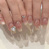 Shopmocho 24Pcs Glitter Diamond Press On Nails Sweet Cute Girl Acrylic Nails Full Cover Short Square Fake Nails Wearable Manicure Nail Tip