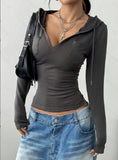 SHOPMOCHO New Elegant Fashionable Pure Color V-Neck Long Sleeve Ladies Hoodie for Commuting