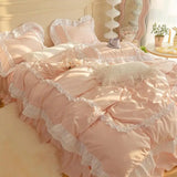 SHOPMOCHO INS Korean Princess Bedding Kawaii Ruffle Lace Bed Skirt Duvet Cover Solid Color Queen Size For Girls Woman Home Textiles