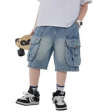 SHOPMOCHO Boys' Workwear Denim Shorts Summer 2026 New Teenage Children's Pocket Design Outdoor Wear Loose Jeans Big Kids Mid-Pants