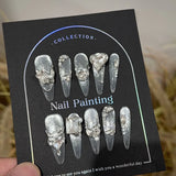 SHOPMOCHO Sweet Lovely Cartoon Bear Long Coffin Stiletto Fake Nails Bowknot Pearl Diamond Flowers Cat Eyes Wearable Fake Nails