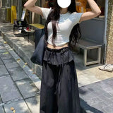 SHOPMOCHO -Streetwear Black Wide Leg Pants Women Y2K Fashion Ruffles Patchwork Baggy Pants Summer Harajuku Korean Casual Straight Trousers