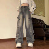 SHOPMOCHO American Vintage Washed Multi-Pocket Cargo Jeans for Women High Waist Streetwear Loose Wide Leg Trendy Designer Denim Trousers