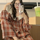 SHOPMOCHO Women's Sweet Print Pajamas Set Long Sleeve Top And Trousers 2 Piece Sleepwear Autumn Casual Loose Lace Loungewear
