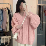 Shopmocho Autumn Winter Women Sweater Harajuku Oversized Knitted Pullovers Korean Long Sleeve V Neck Knitwear Preppy Solid Loose Jumper