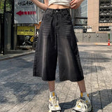 Shopmocho Summer American Style Vintage Women Baggy Jeans Y2k Loose Washed High Waist Knee Length Denim Pants Streetwear Wide Leg Shorts