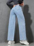 SHOPMOCHO Retro Loose Wide Leg Jeans Fashion Women Solid Straight Wash High Elastic Waist Denim Pants Casual Streetwear Pocket Trousers