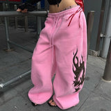 SHOPMOCHO2025 New Autumn American Design Flame Print Drawstring Wide-leg Casual Sweatpants for Men and Women Loose Pink Fashion Trousers
