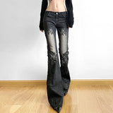 SHOPMOCHO Women's Jeans  New American Retro Street Style Plant Print Washed Vintage Low-Rise Flare Pants Trendy Versatile