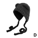 Shopmocho Winter Plush Beanies Cute Bear Ear Wool Hat Warm Lace-up Gorros Knitting Cap Women Bonnets Protection Bomber Korea Ear Knit X4L2