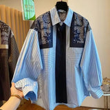 Shopmocho Korean Spring Summer New 2025 Print Spliced Striped Long-Sleeved Shirt Women's Loose Casual  All-match Lapel Blouse Lady Tops