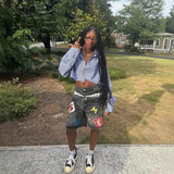 SHOPMOCHO American style hip-hop letter splicing denim shorts millennium retro personality fashion fake two-piece gothic rock