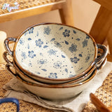 Shopmocho 7.5inch Japanese Household Noodle Bowl Ceramic Soup Bowl With Handle Salad Pasta Bowl Kitchen Tableware Microwave Oven Bakware