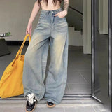 Shopmocho Spring Autumn Vintage Chicly Button Jeans Women American Simple Baggy High Waisted Denim Pants Washed Y2K Wide Leg Jean Trousers