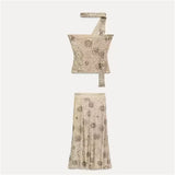 Shopmocho Beach Tank Top Skirt Women's Set Beading Print Shawl Collar Sleeveless Tops Pleated Maxi Skirts 2025 Summer Fashion Lady Outfit