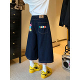 Shopmocho American Retro Jeans Y2K Men Women Harajuku Hip Hop Gothic Retro Pocket Embroidered Blue Baggy Jeans Low Waist Wide Leg Trousers