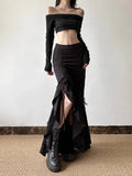 SHOPMOCHO Y2k Spicy Girl Skirts Solid Color Lace Patchwork Draw String Irregular Long Skirt Harajuku Design Streetwear Women's Clothing