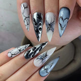 Shopmocho 24PCS Long Press On NailsStiletto Black Silver Bowknot Dissymmetry Fake Nails Powder Full Cover Fake Nail Set Nails Art