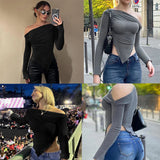 Shopmocho Autumn Winter New T-shirt Women Sexy Black Skew Collar Tees Fashion Long Sleeves Asymmetrical Lady Elegant Versatile Clothing
