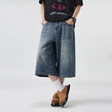 SHOPMOCHO Summer Men's Vintage Street Style Denim Shorts,  Korean Style, Loose Straight-cut Jeans, Casual and Personalized, Loose Shorts