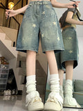 Shopmocho Women High Waist American Retro Washed Wide Leg Jeans Girls Street Do Old Star Loose Denim Pants Female Blue Knee Length Shorts