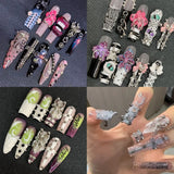 SHOPMOCHO Europe America Spice Girl Handmade Long Square Stilettos Fake Nails Metal Rivet Chain Flowers Lips Bowknot Diamond Press On Nail