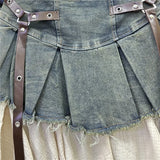SHOPMOCHO-Retro Spliced Denim Pleated Skirt for Women Summer New Temperament Hot Girl Fashionable High Waist A-line Skirt
