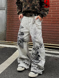 SHOPMOCHO 2026 American Retro Y2K Style Dirty Washed White Baggy Jeans Pants For Men Clothing Star Printed Straight Cotton Long Trousers