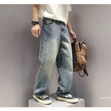 SHOPMOCHO American High Street Fashion Brand Loose Straight Leg Denim Pants for Men, with Patchwork Design and Wide Leg Curved Knife Pants
