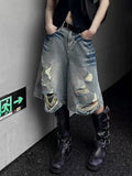 SHOPMOCHO Y2K Hole Jeans Shorts Women American Loose Streetwear Hot Girls Wide Leg Shorts Summer High Waist Retro Wash Denim Shorts