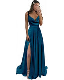 Shopmocho Satin Prom Dresses Pockets Draped Neck Long Formal Evening Gown Spaghetti Strap A line Bridesmaid Dress Lace Up Back with Slit