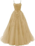 Shopmocho Tulle Spaghetti Straps Prom Dresses Long Lace Appliques Ball Gowns for Women