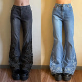 SHOPMOCHO Solid Color Washed Geometry Floral Embroidery Element Baggy Wide-leg Jeans Commute Korean Style Popular Straight-leg Jeans