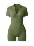 SHOPMOCHO-Women's Textured Short Sleeve Zip Front Athletic Yoga Bodysuit Bodybuilding Slimming One Piece Hip Lifting