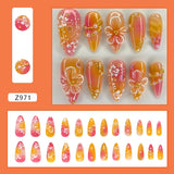 SHOPMOCHO 24pcs White Flower Fake Nail Tips Ins Yellow Pink Blush False Nails Wearable Full Cover European Almond Shaped Press on Nails