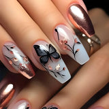 Shopmocho 24Pcs Brown Long Coffin False Nails Glitter Ballet Wearable with French Design Fake nails Full Press on Nail Ins Nail Tips Art